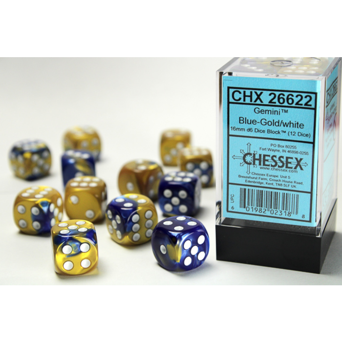 Chessex 12d6 Dice Block (16mm): Gemini White Pipped (Assorted Colours)