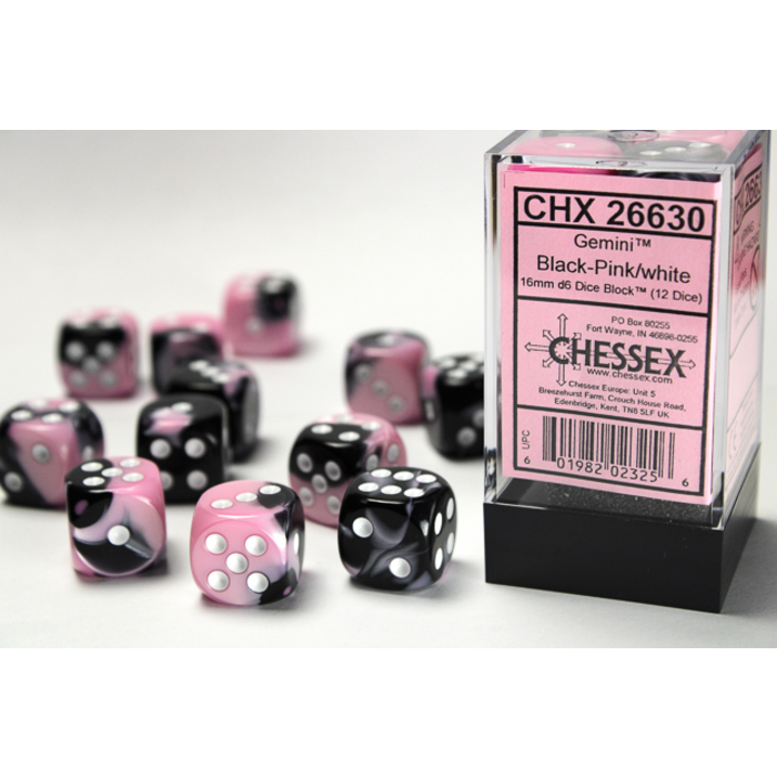 Chessex 12d6 Dice Block (16mm): Gemini White Pipped (Assorted Colours)