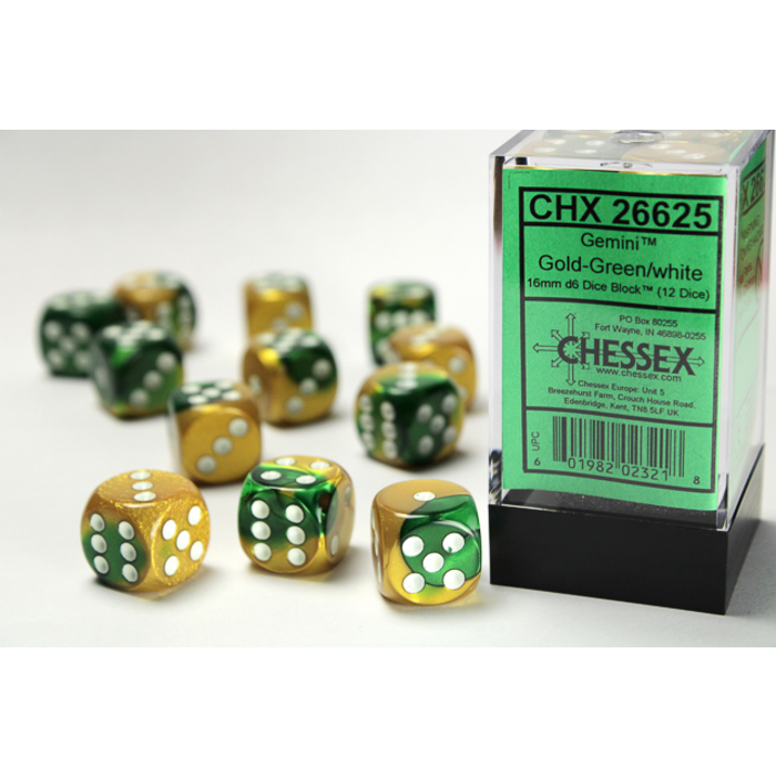 Chessex 12d6 Dice Block (16mm): Gemini White Pipped (Assorted Colours)