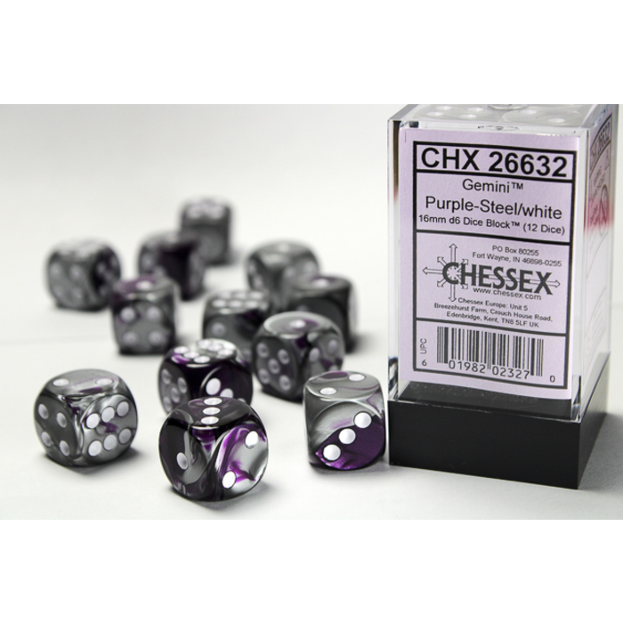 Chessex 12d6 Dice Block (16mm): Gemini White Pipped (Assorted Colours)