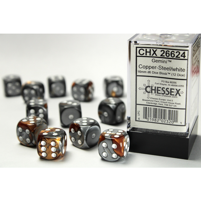 Chessex 12d6 Dice Block (16mm): Gemini White Pipped (Assorted Colours)