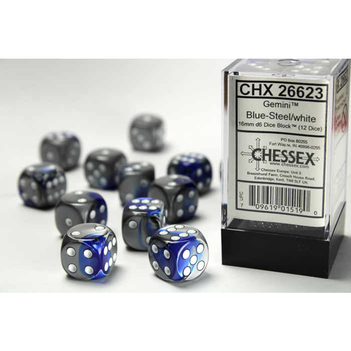 Chessex 12d6 Dice Block (16mm): Gemini White Pipped (Assorted Colours)