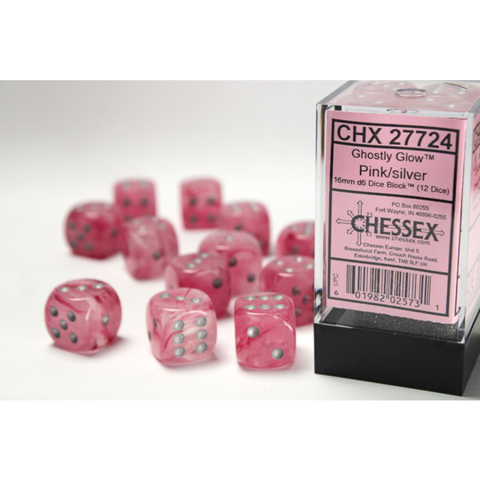 Chessex 12d6 Dice Block (16mm): Ghostly Glow (Assorted Colours) Pink w/ Silver