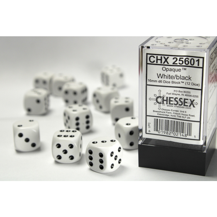 Chessex 12d6 Dice Block (16mm): Opaque White Pipped (Assorted Colours)