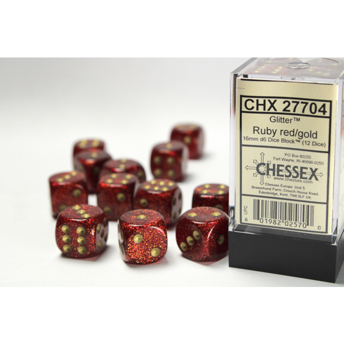 Chessex 12d6 Dice Block (16mm): Glitter (Assorted Colours) Ruby w/ Gold