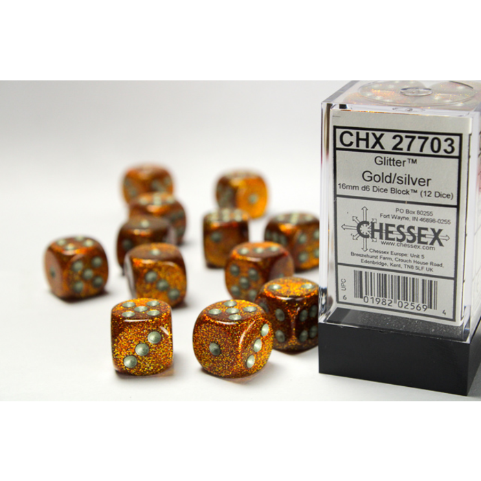 Chessex 12d6 Dice Block (16mm): Glitter (Assorted Colours) Gold w/ Silver