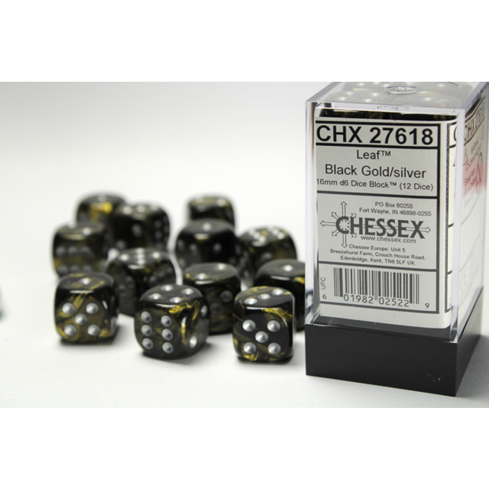 Chessex 12d6 Dice Block (16mm): Leaf (Assorted Colours) Black-Gold w/ Silver