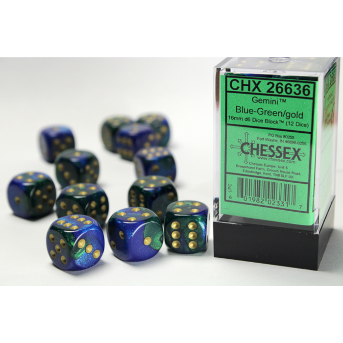 Chessex 12d6 Dice Block (16mm): Gemini Gold Pipped (Assorted Colours)