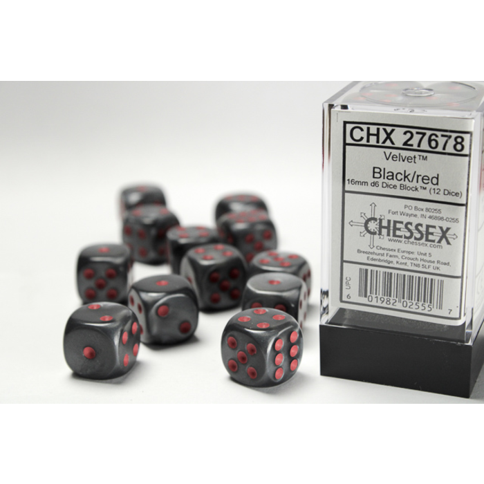 Chessex 12d6 Dice Block (16mm): Velvet (Assorted Colours) Black w/ Red