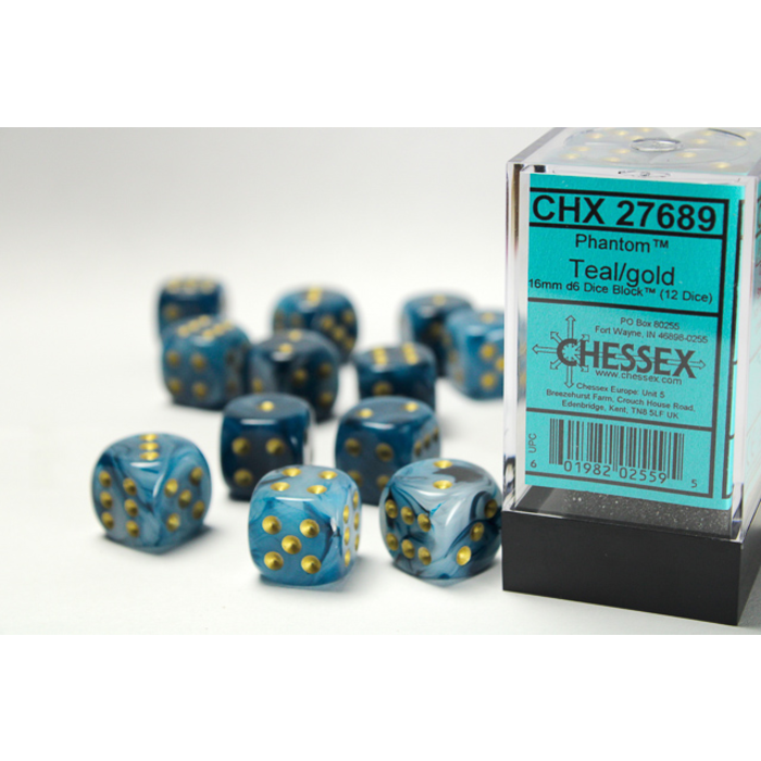 Chessex 12d6 Dice Block (16mm): Phantom (Assorted Colours) Teal w/ Gold