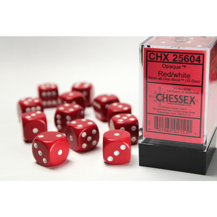 Chessex 12d6 Dice Block (16mm): Opaque White Pipped (Assorted Colours)