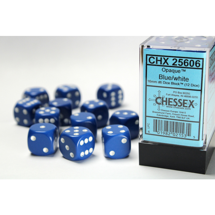 Chessex 12d6 Dice Block (16mm): Opaque White Pipped (Assorted Colours)