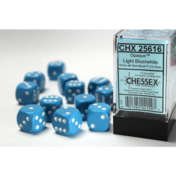 Chessex 12d6 Dice Block (16mm): Opaque White Pipped (Assorted Colours)