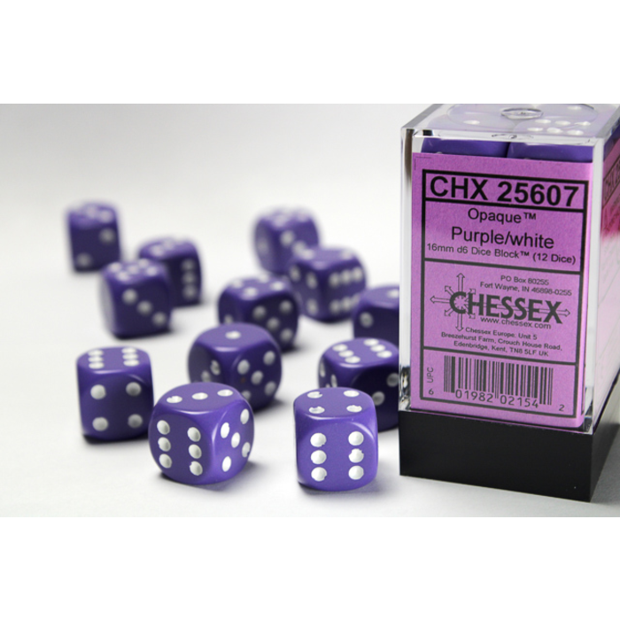 Chessex 12d6 Dice Block (16mm): Opaque White Pipped (Assorted Colours)