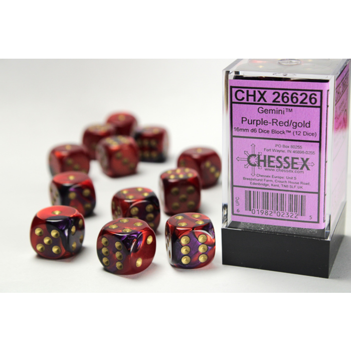 Chessex 12d6 Dice Block (16mm): Gemini Gold Pipped (Assorted Colours)