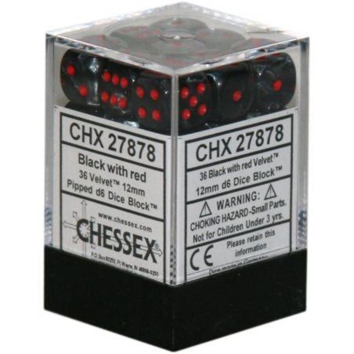 Chessex 36d6 Dice Block (12mm): Velvet (Assorted Colours) Black w/ Red