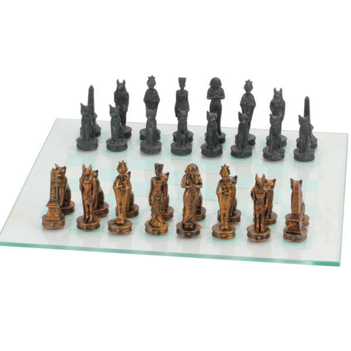 CHH Chess Set -  Egyptian Bronze and Black with Glass Board