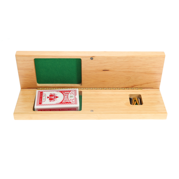 Wood Expressions Cabinet Cribbage Set – Solid Wood Continuous 3 Track Board with Easy Grip Pegs, Cards and Storage Area
