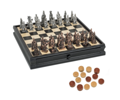 Wood Expressions Chess & Checkers Set 15" – Chinese Qin Pewter Chessmen, Black Stained Wood Board with Storage