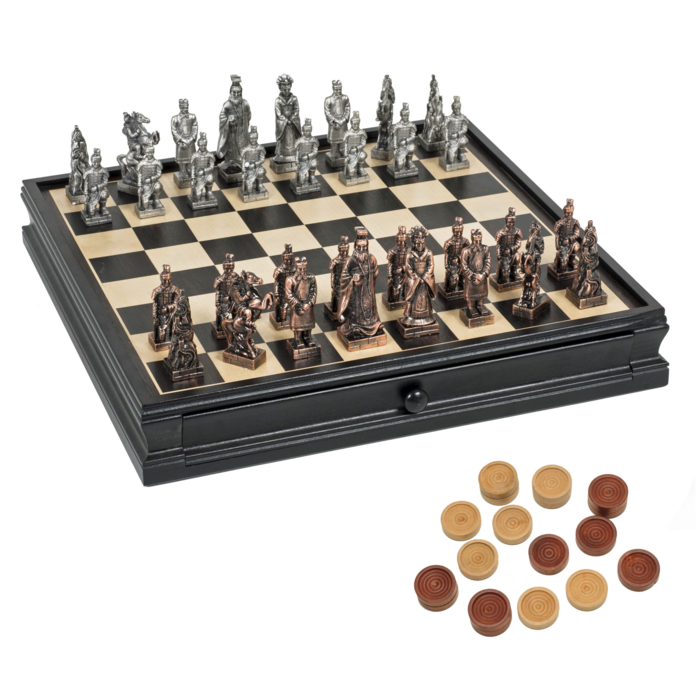 Wood Expressions Chess & Checkers Set 15" – Chinese Qin Pewter Chessmen, Black Stained Wood Board with Storage