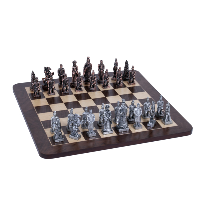 Wood Expressions Chess Set – Chinese Qin Pewter Pieces with Walnut Root Board