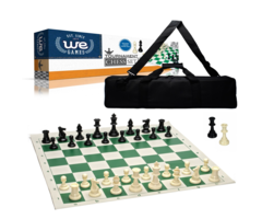 Wood Expressions Chess Set – Tournament with Plastic Pieces and Green Roll-up Board and Travel Canvas Bag