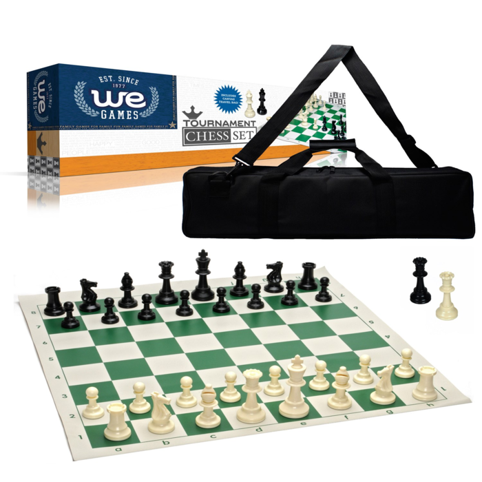 Wood Expressions Chess Set – Tournament with Plastic Pieces and Green Roll-up Board and Travel Canvas Bag