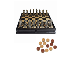 Wood Expressions Chess & Checkers Set 15" – Medieval Pewter Chessmen & Black Stained Wood Board with Storage Drawers