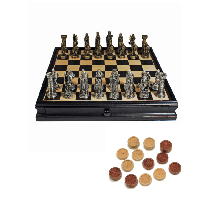 Wood Expressions Chess & Checkers Set 15" – Medieval Pewter Chessmen & Black Stained Wood Board with Storage Drawers