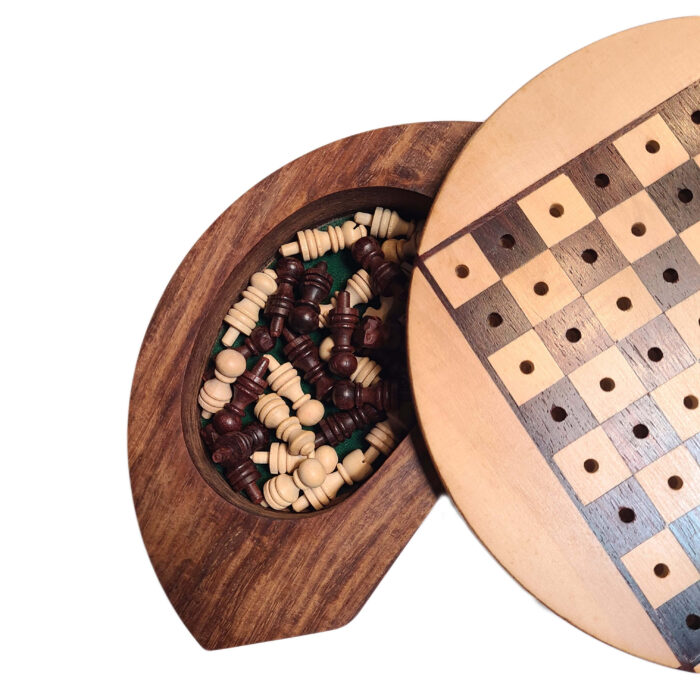 Wood Expressions Round Wooden Travel Chess Set with Pegged Chessmen – 6"