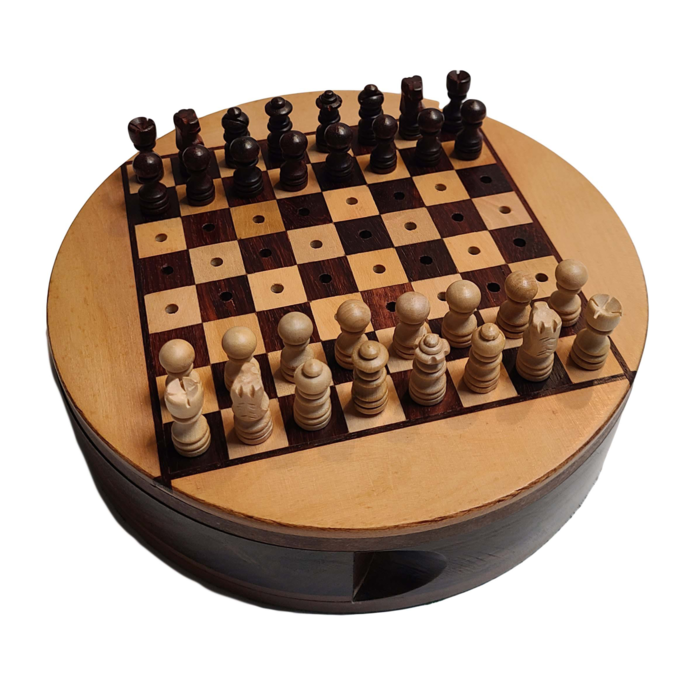 Wood Expressions Round Wooden Travel Chess Set with Pegged Chessmen – 6"