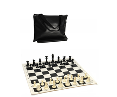 Wood Expressions Chess Set – Tournament with Plastic Pieces and Black Roll-up Board and Travel Black Tote