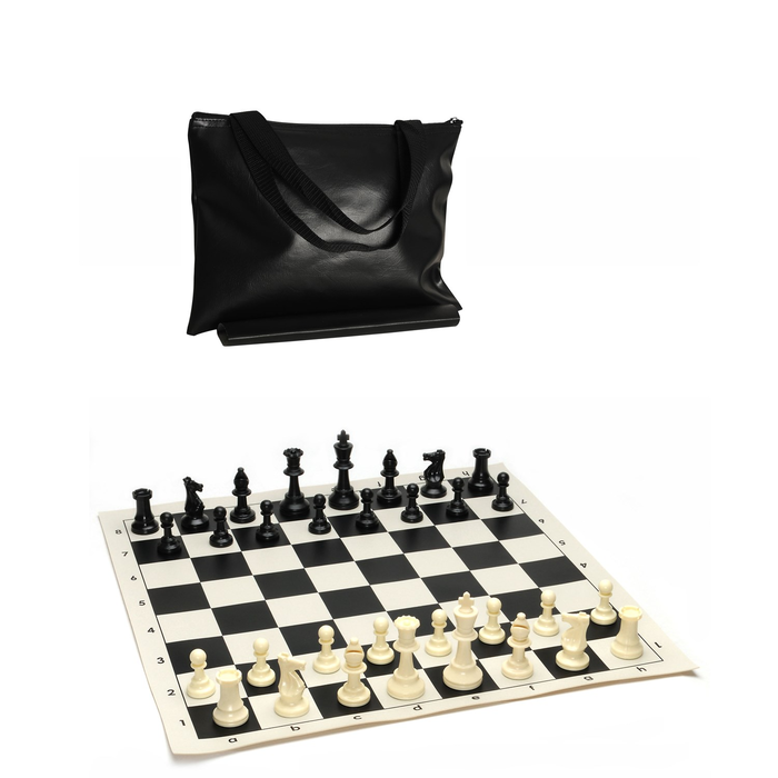 Wood Expressions Chess Set – Tournament with Plastic Pieces and Black Roll-up Board and Travel Black Tote