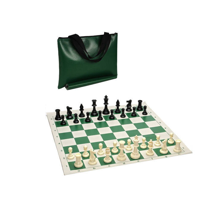 Wood Expressions Chess Set – Tournament with Plastic Pieces and Green Roll-up Board and Travel Green Tote