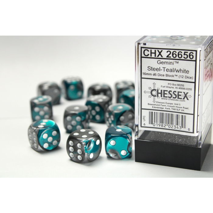 Chessex 12d6 Dice Block (16mm): Gemini White Pipped (Assorted Colours)