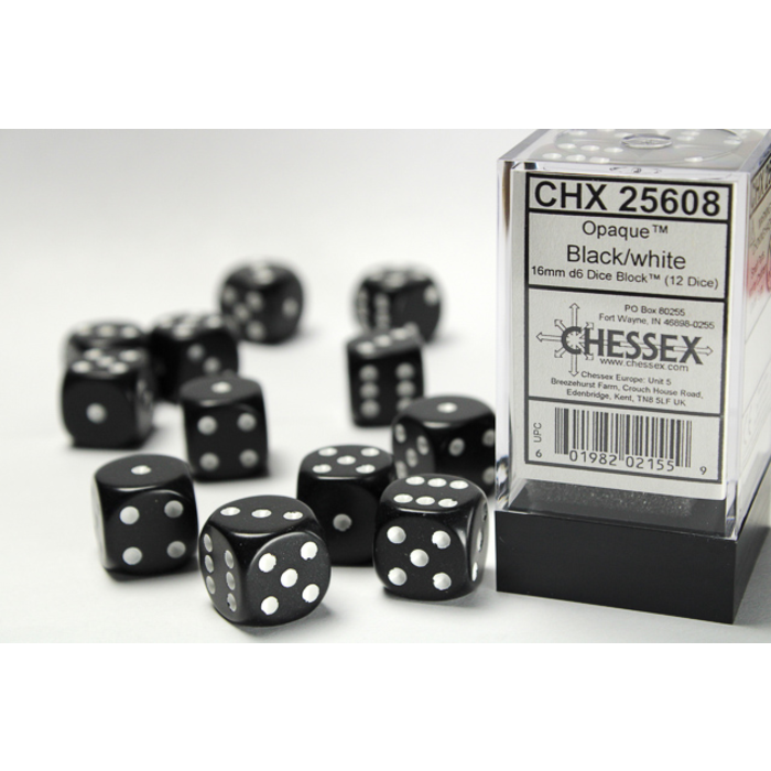 Chessex 12d6 Dice Block (16mm): Opaque White Pipped (Assorted Colours)