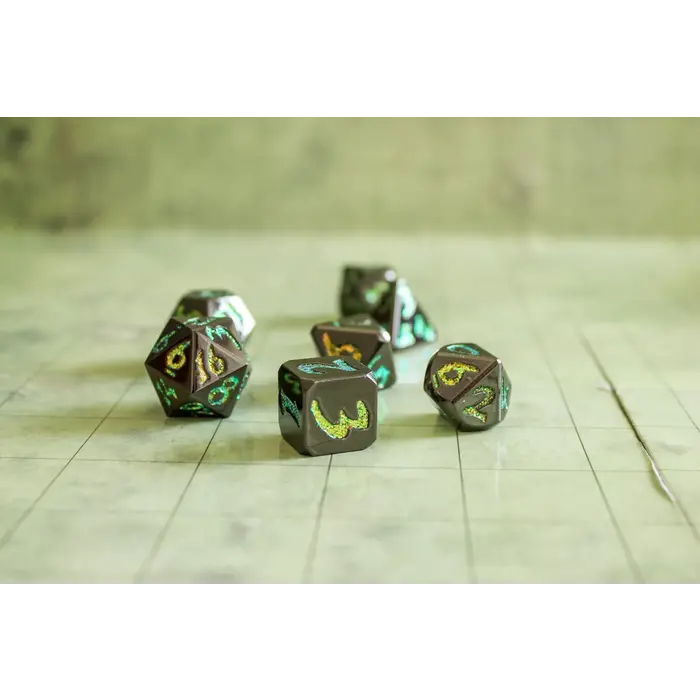 Mystery Dice Goblin 7-Piece Metal RPG Dice Set: Black with Yellow Glitter