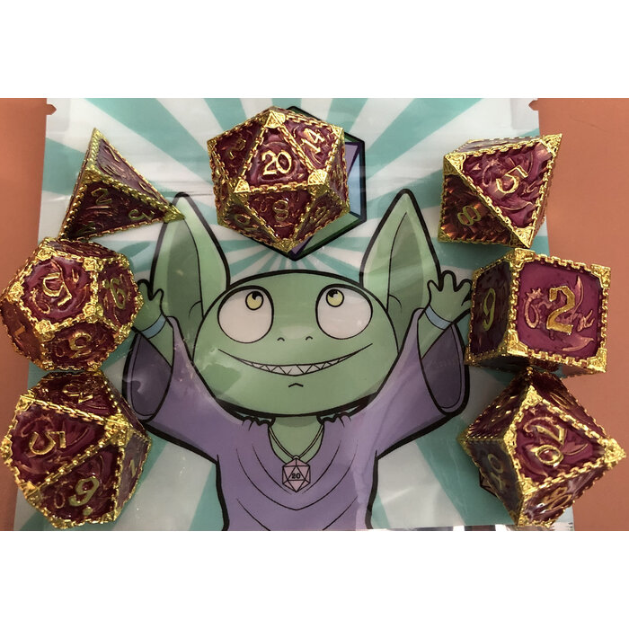 Mystery Dice Goblin 7-Piece Metal RPG Dice Set: Dragon Gold & Wine