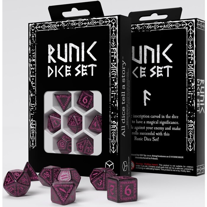 Q-Workshop 7-Piece Runic RPG Dice Set - Shimmering Black with Magenta