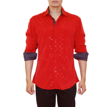 Bespoke Red Metallic Effect Button Up Long Sleeve Dress Shirt