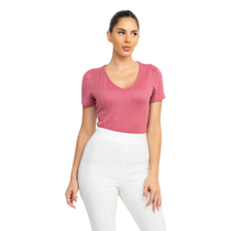 Ribbed V-Neck Casual Top HMT56498, Rosy