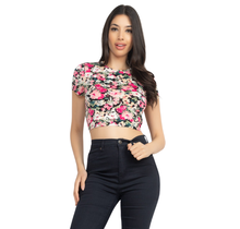 Cross Back Floral Crop Top ST2296, Black/Fuschia