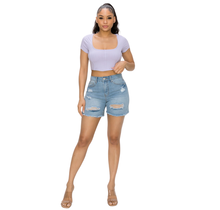 Frayed Hem Distressed Denim Shorts DBS0487, Light Denim