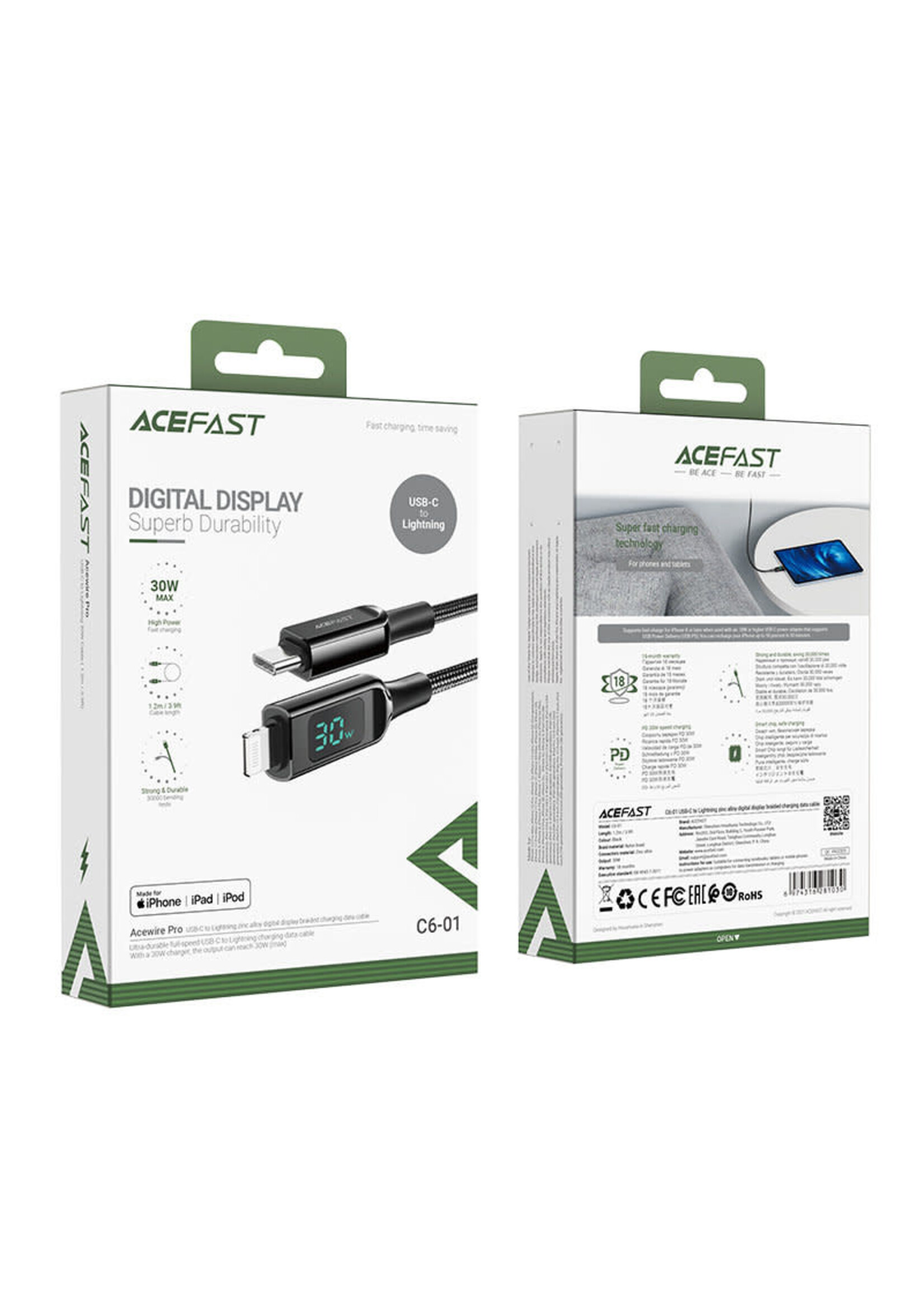 ACEFAST Acefast cable MFI USB Type C - Lightning 1.2m, 30W, 3A black (C6-01 Black)