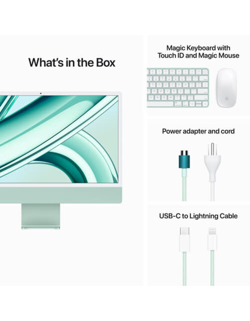 APPLE Apple 24" iMac with M3 Chip (Green) Apple M3 8-Core CPU 8GB Unified RAM | 512GB SSD 24" 4480 x 2520 Retina Display 10-Core GPU | 16-Core Neural Engine