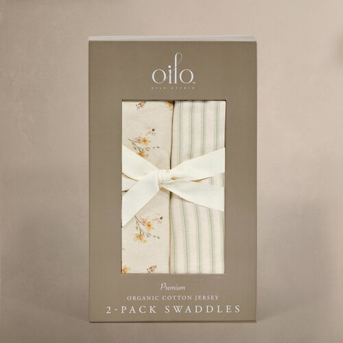 OILO Oilo Dainty Floral & Sea Moss Sage Green Stripe Jersey Swaddle Set