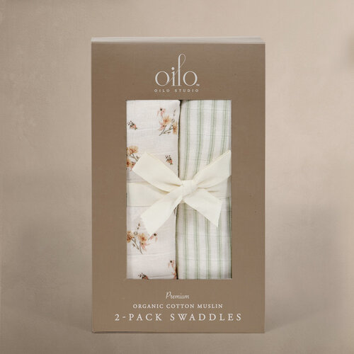 OILO Oilo Dainty Floral & Sea Moss Sage Green Stripe Muslin Swaddle Blanket Set
