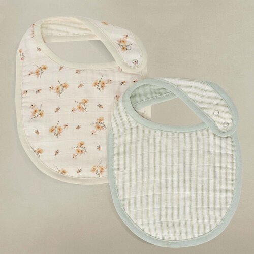 OILO Oilo Dainty Floral & Sea Moss Sage Green Stripe Muslin Bib 2-Pack