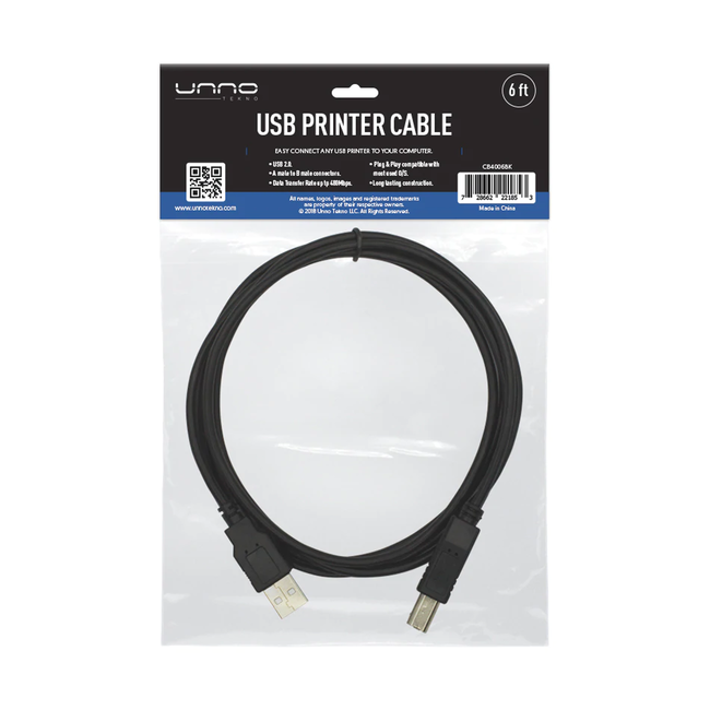 UNNO Cable USB Printer 1.8m / 6ft - CB4006BK