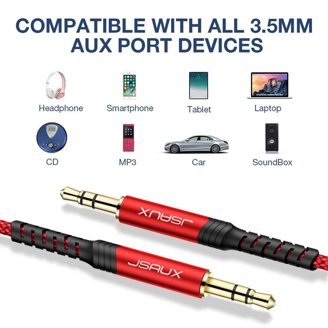 Jsaux 3.5mm to 3.5 Auxiliary Cable 1.8m  2-Pack Red Braided